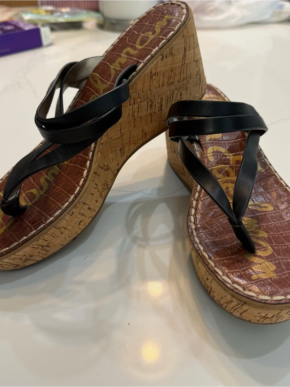 Sam Edelman Womens Rasha Black Leather Strappy Cork Platform Wedge Sandals 8.5